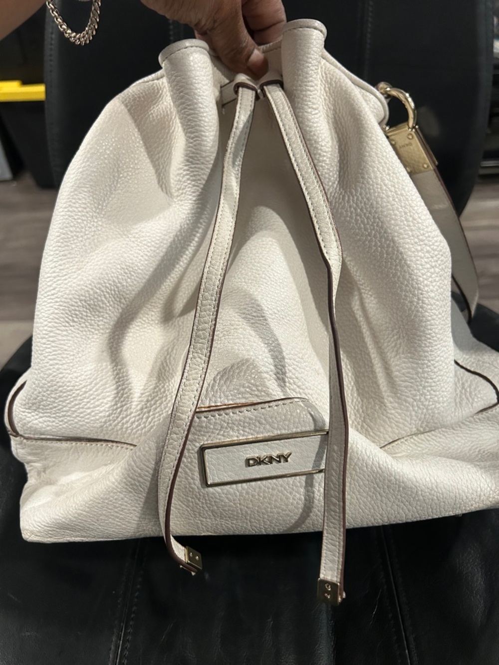 DKNY White Pebbled Leather Drawstring Backpack